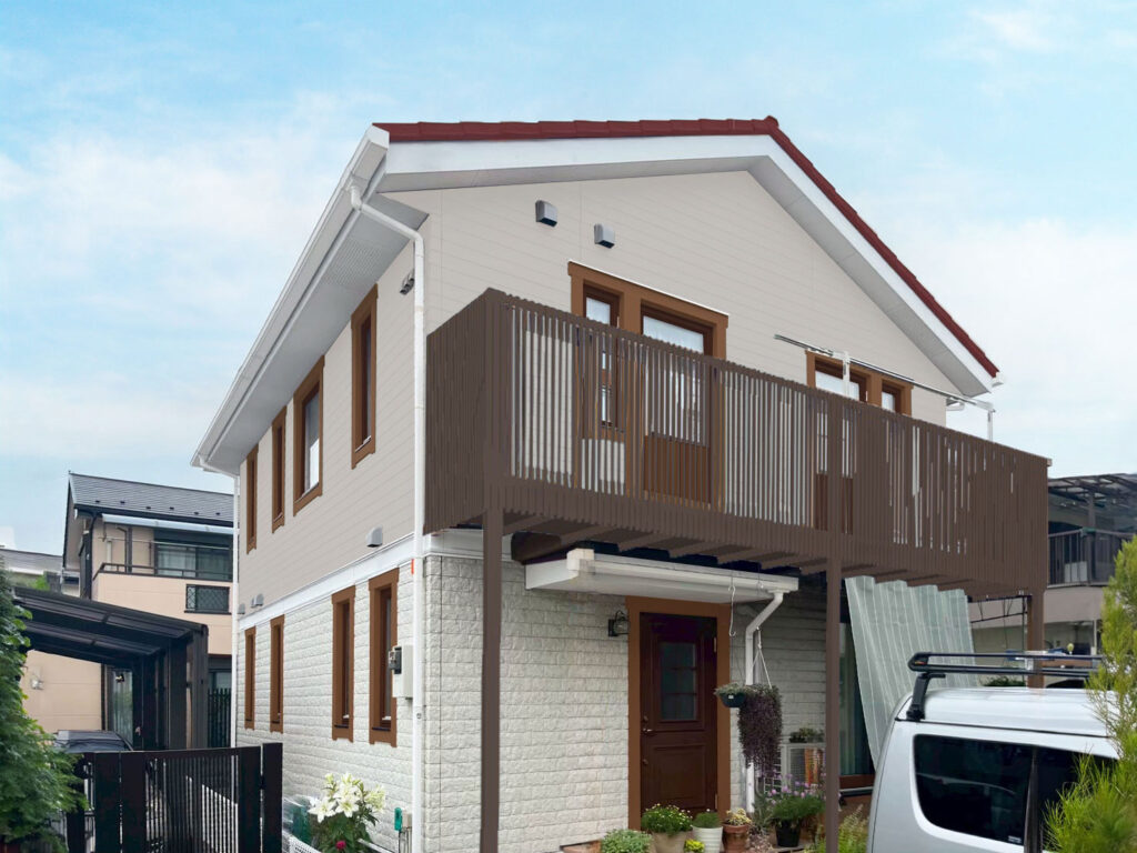 窓飾り：17-40H
木製窓枠：ウォルナット
2F外壁：22-75C