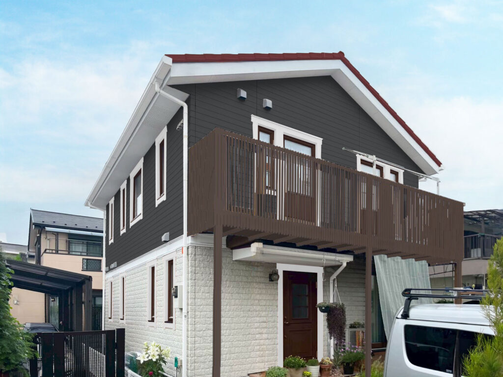 窓飾り：ホワイト
木製窓枠：ウォルナット
2F外壁：19-30A