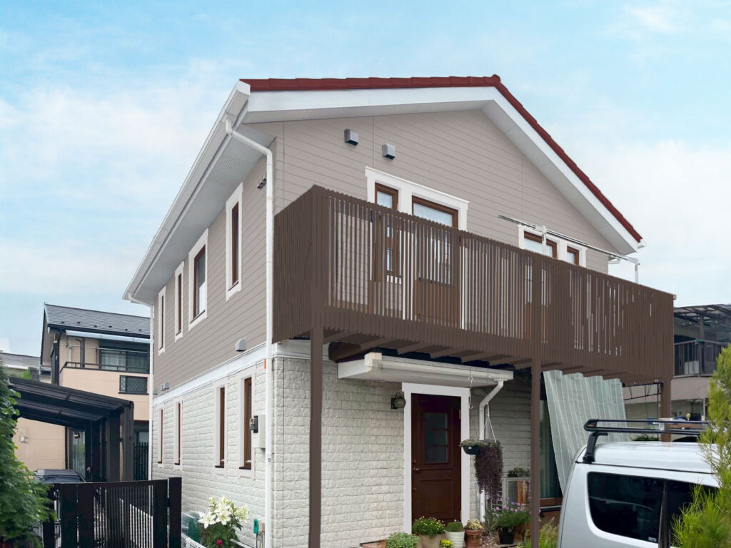 窓飾り：ホワイト
木製窓枠：チーク
2F外壁：19-70C