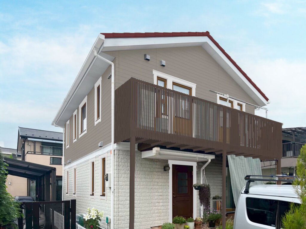 窓飾り：ホワイト
木製窓枠：ピニー
2F外壁：22-60C