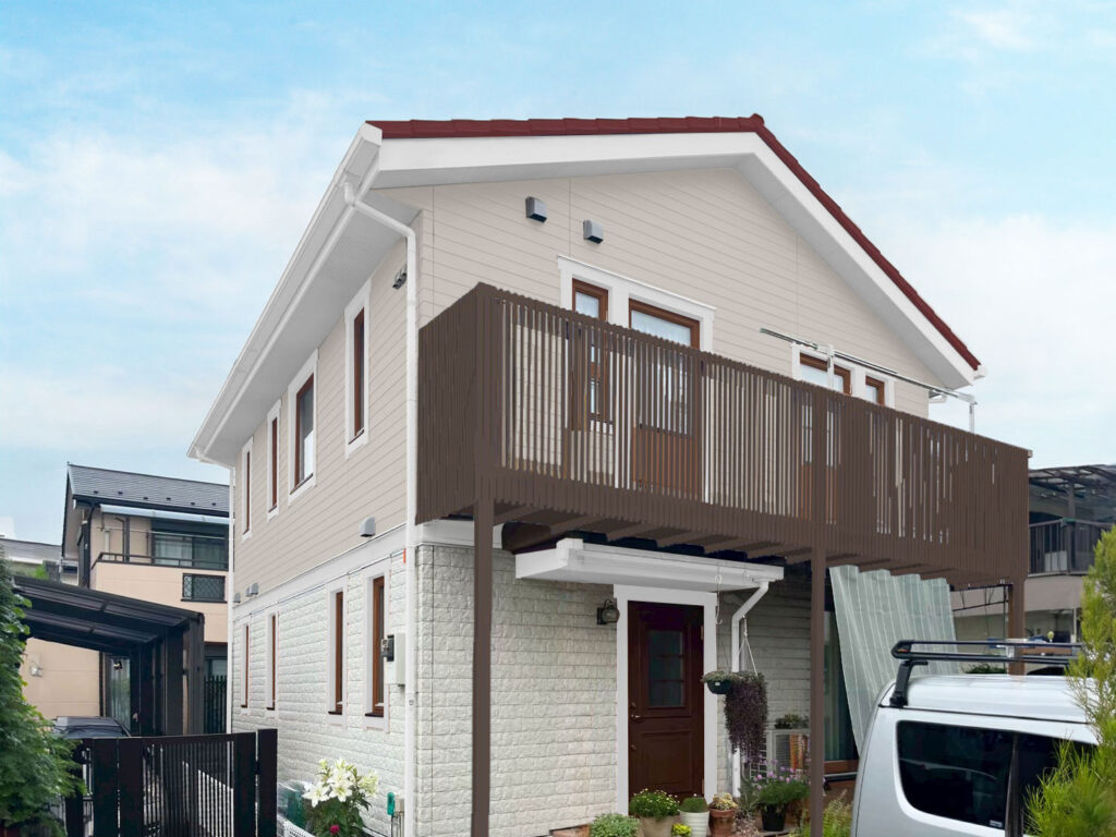 窓飾り：ホワイト
木製窓枠：カスタニ
2F外壁：22-75C